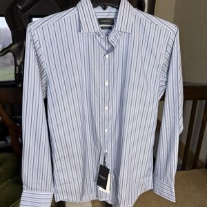 NWT Bugatchi Men's 15.5 Classic Blue Long Sleeve Comfort Stretch Standard Collar